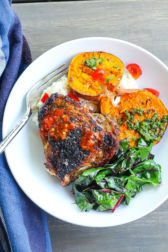 Crispy Delicious Pan Roasted Jerk Chicken Thighs